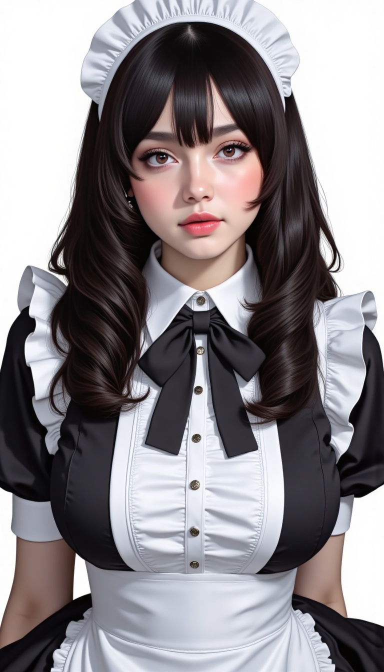 a woman dressed in a maid outfit is stunning. She is wearing a black and white maid outfit,  adorned with a black bow tie,...