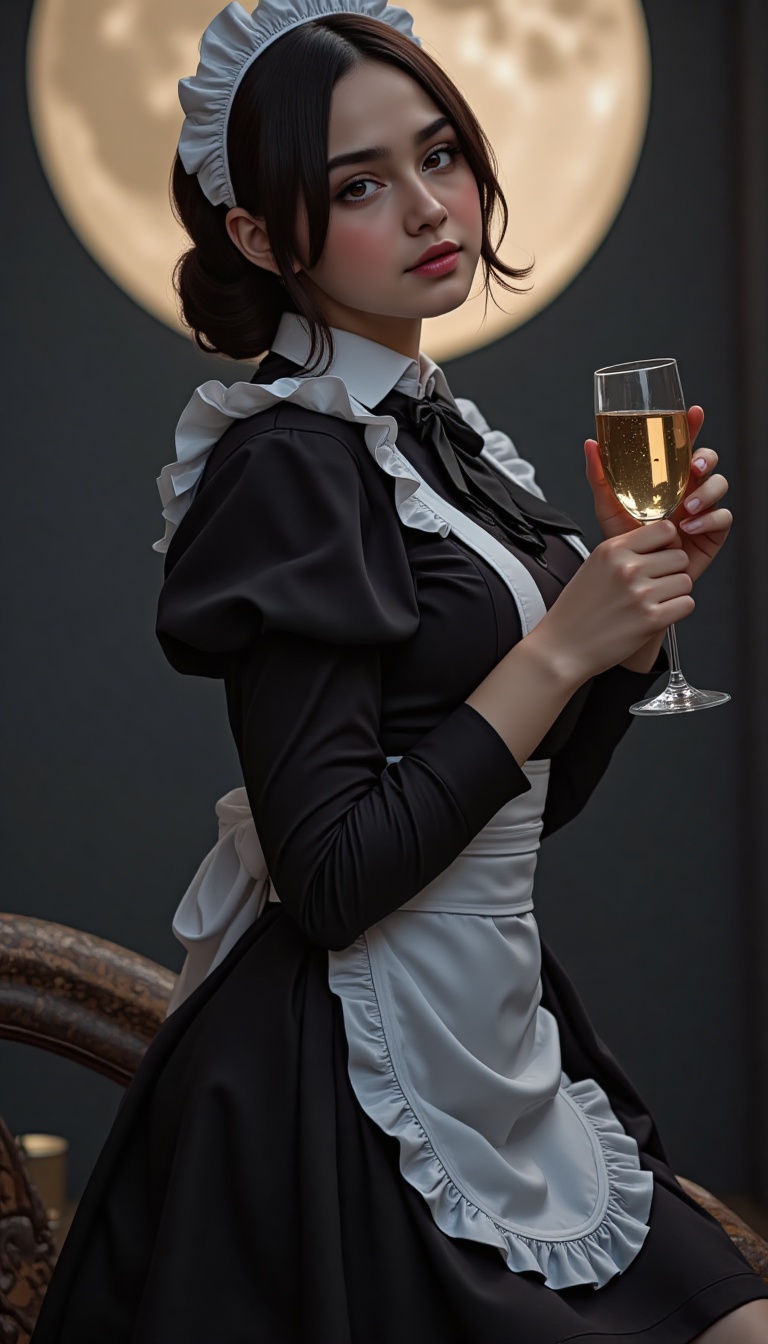 A woman in a stunning black and white maid outfit stands under the soft glow of a typsy moonlight. She holds a glass of wi...
