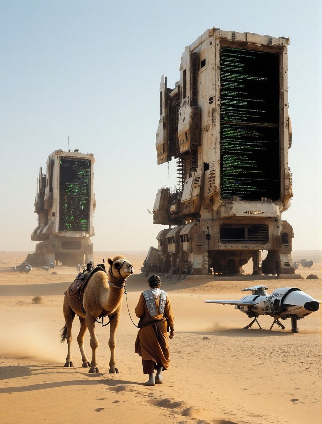 A vast desert where the skeletons of colossal AI mainframes rise like pyramids,  their fractured screens still displaying...