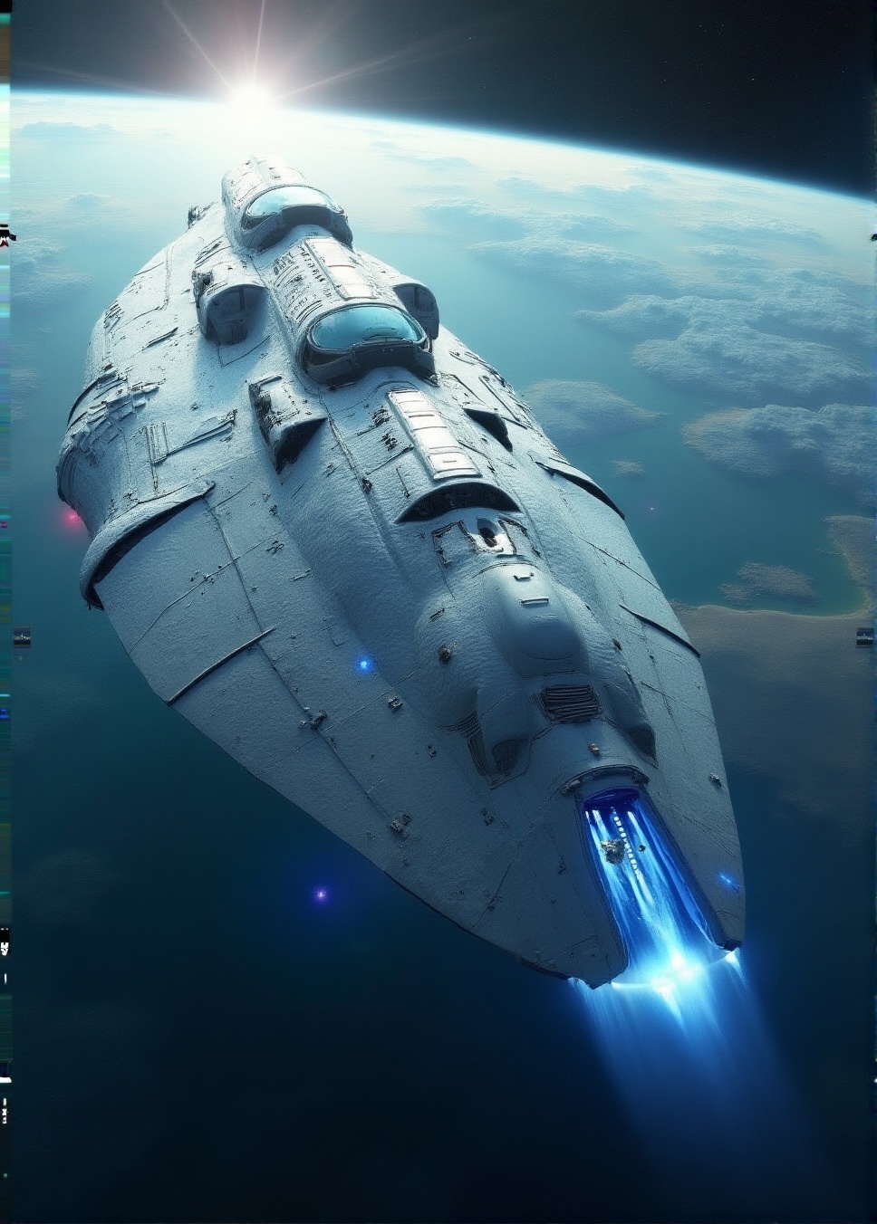 Wide cinematic establishing shot from Earth's orbit,  giant floating space base,  blue neon lights. the starship-(a massiv...