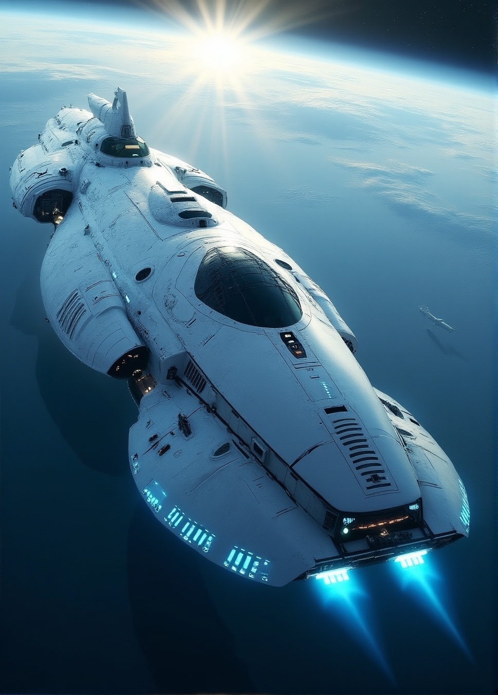 Wide cinematic establishing shot from Earth's orbit,  giant floating space base,  blue neon lights. the starship-(a massiv...