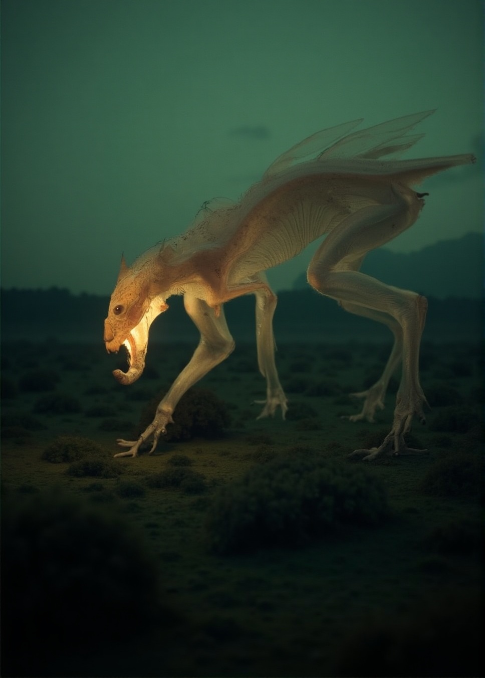 A large quadruped alien creature — semi-transparent with glowing vascular channels — grazes on soft,  luminous moss in a w...