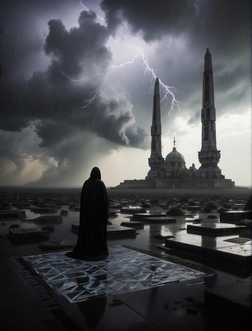 A permanent storm rages over a plain of geometric ruins,  where the rain forms floating fractal patterns before evaporatin...