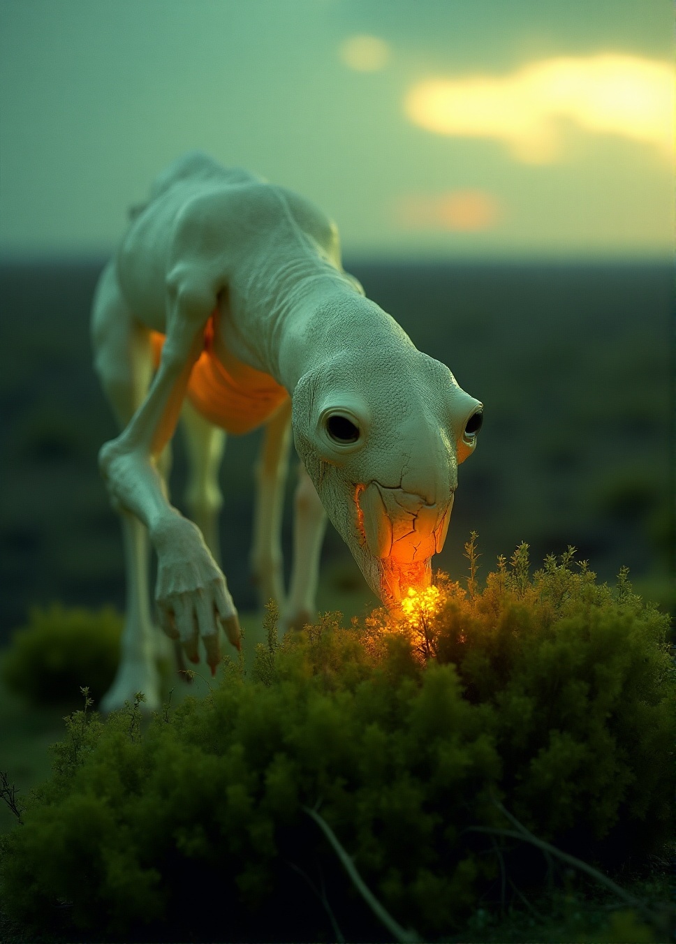 A large quadruped alien creature — semi-transparent with glowing vascular channels — grazes on soft,  luminous moss in a w...