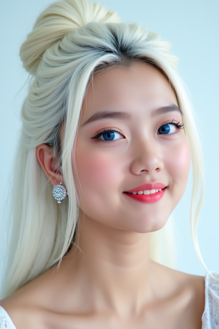 showing an Indonesian girl with long white hair in a bun up,  beautiful face,  make-up on Tensor.Art