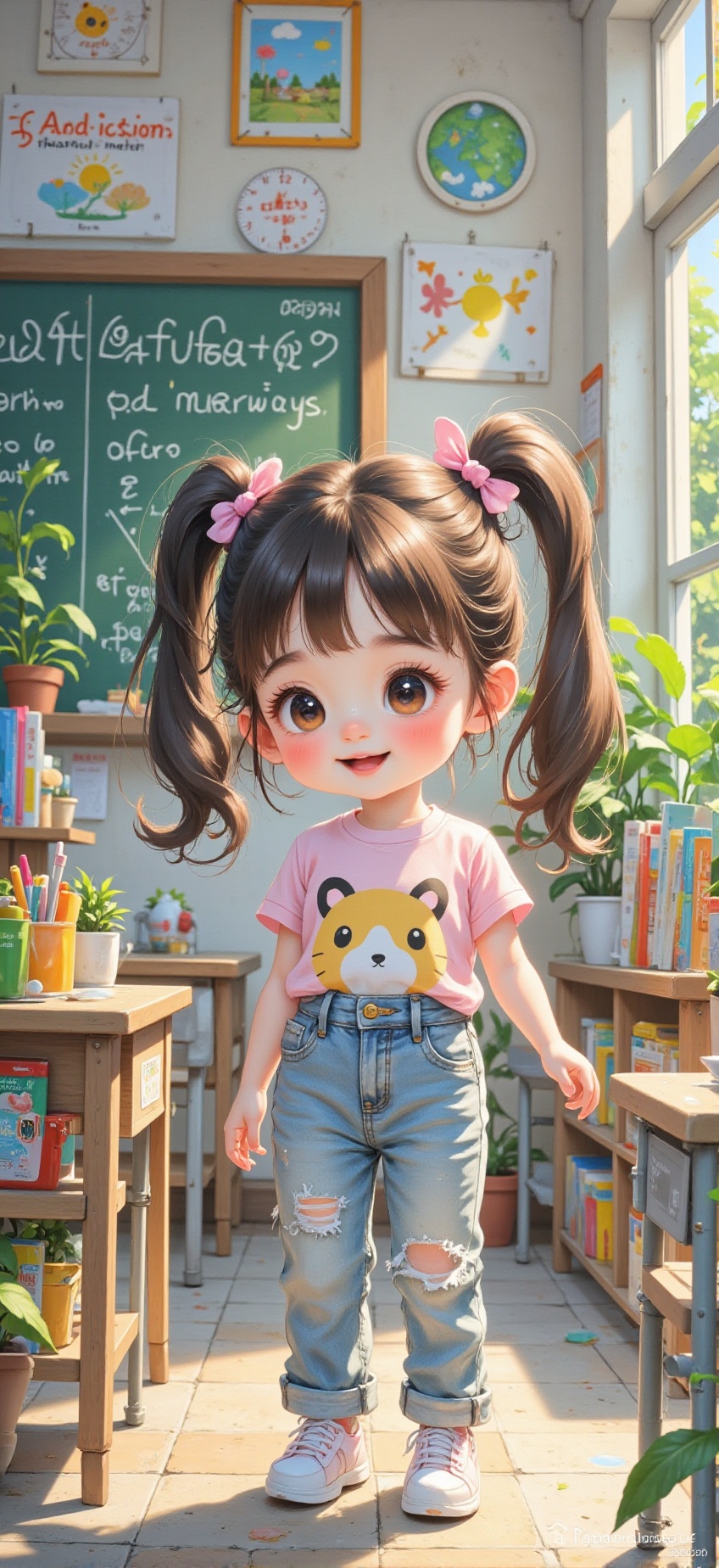 A baby doll-like young girl,  likely Asian,  is depicted in a highly detailed digital painting style. She has long on Tens...
