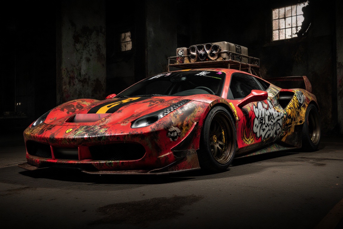 of a wide-body,  rusty off-road red ferrari laferrari ,  featuring black graffiti japanese characters written on it on Ten...