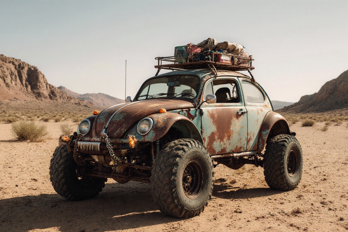 Volkswagen beetle,  monster truck wheels,  crossout on Tensor.Art