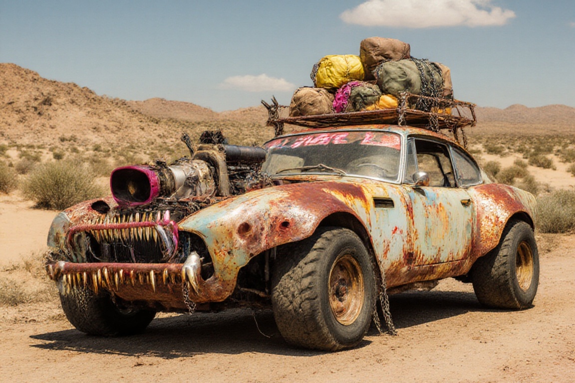 New fiat 500,  crossout,  sandy desert background on Tensor.Art