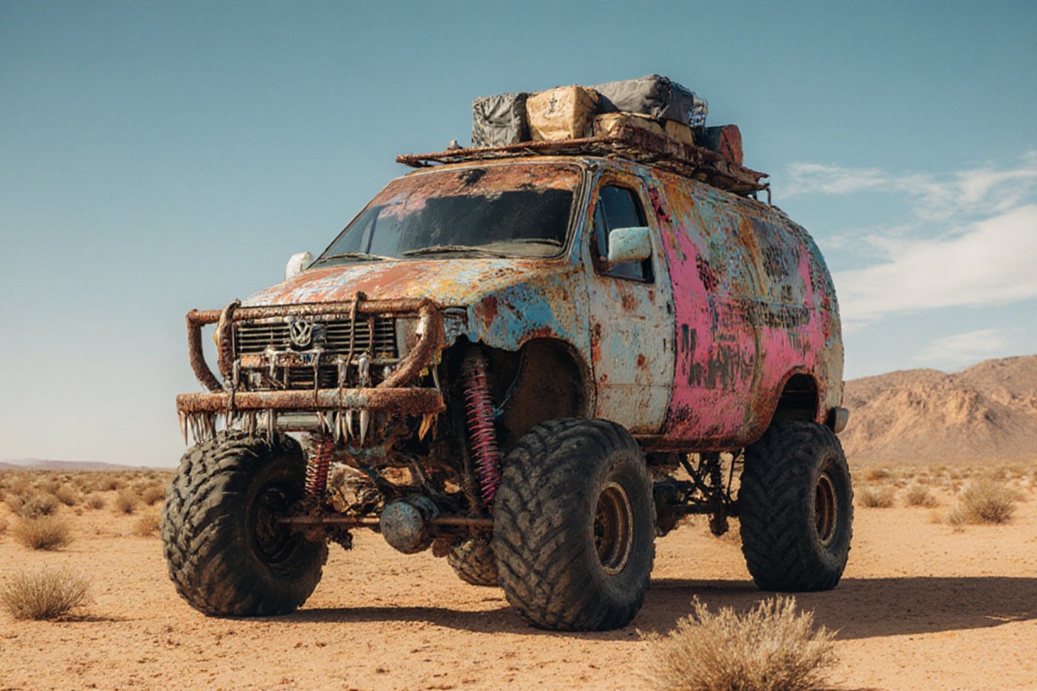 Volkswagen transporter ,  monster truck wheels,  crossout on Tensor.Art