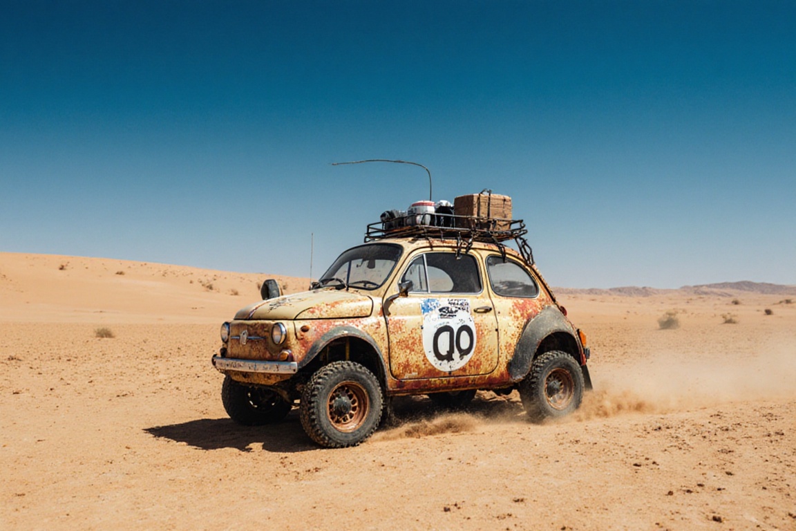 fiat 500,  crossout,  sandy desert background on Tensor.Art