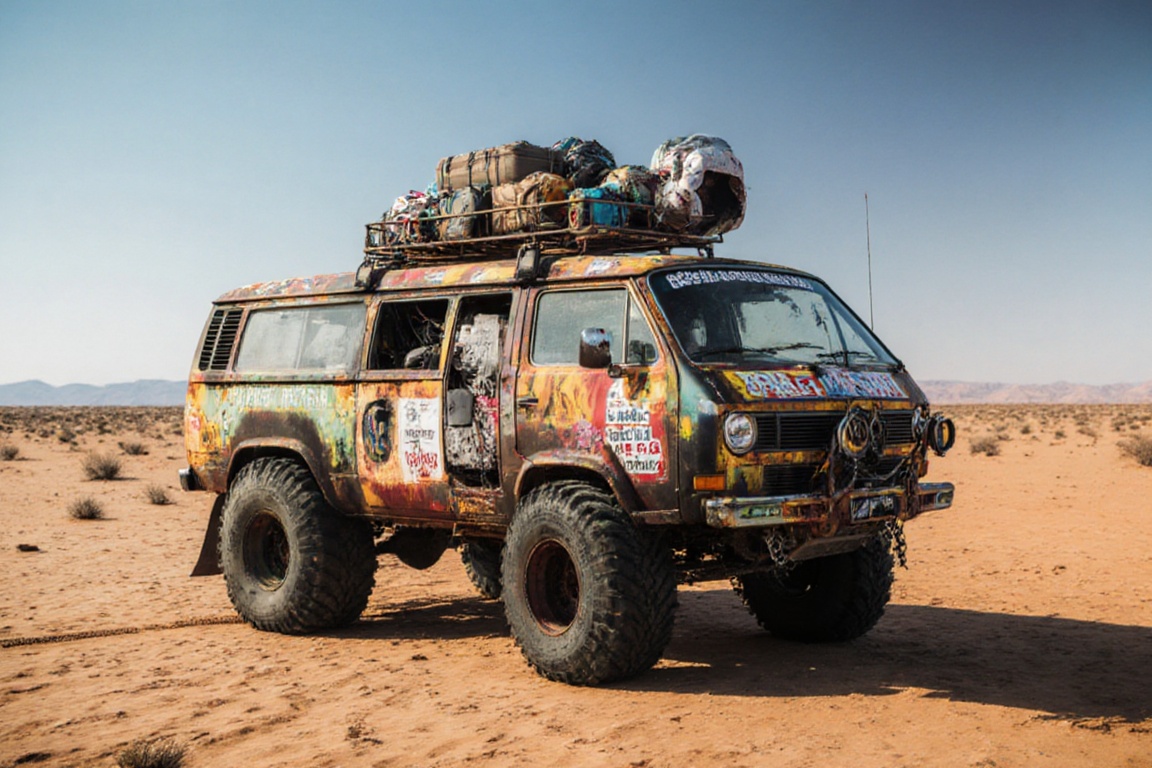 Volkswagen transporter ,  monster truck wheels,  crossout on Tensor.Art