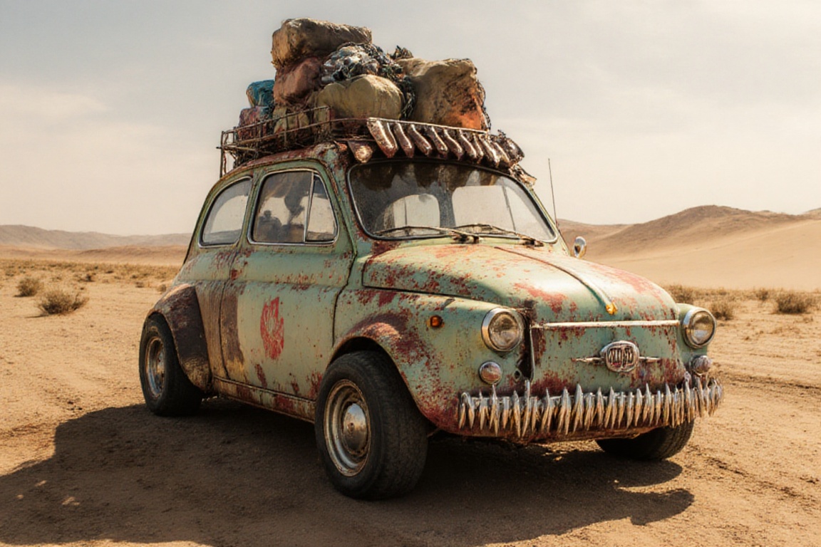 New fiat 500,  crossout,  sandy desert background on Tensor.Art