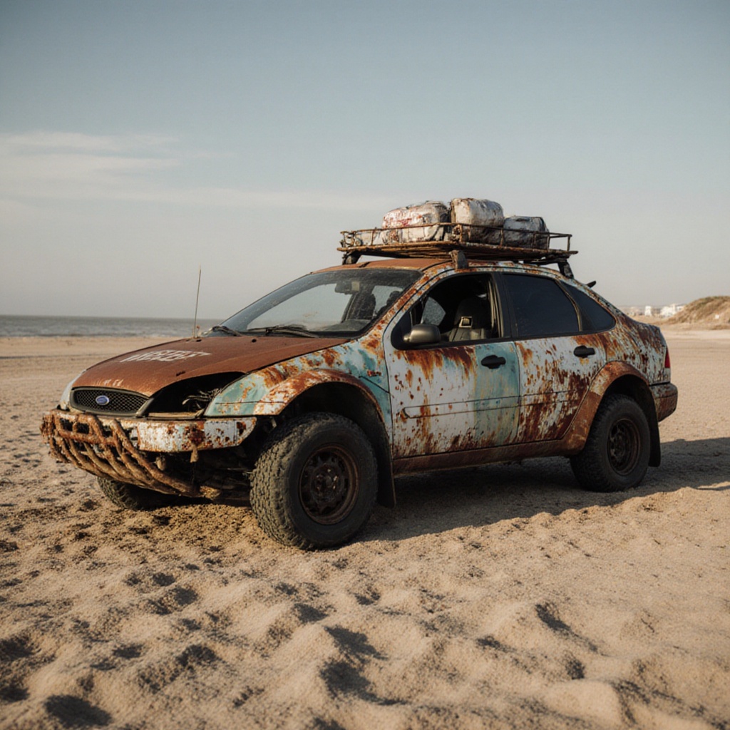 rusty Ford focus,  dried ocean floor,  sand on Tensor.Art