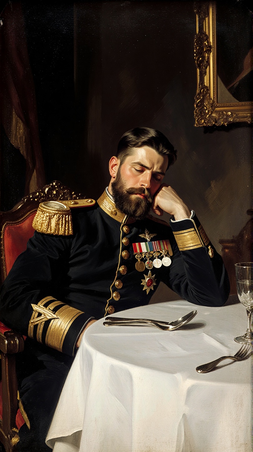 A realistic oil painting of a handsome young Caucasian man with a thick beard wearing a dark military uniform adorned with...