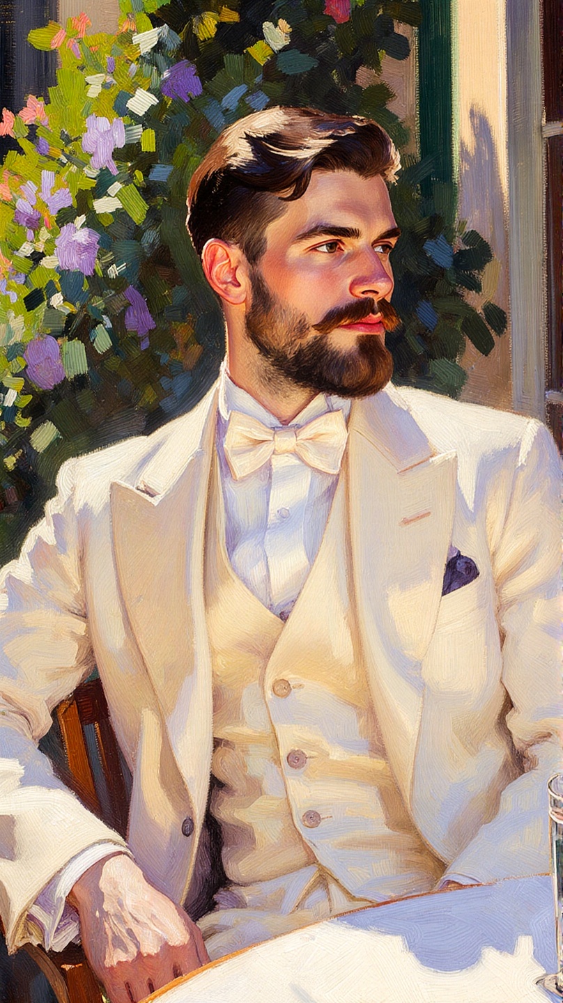 A young man with a neatly trimmed beard and mustache wearing a white three-piece suit with a bow tie sits at an outdoor ca...