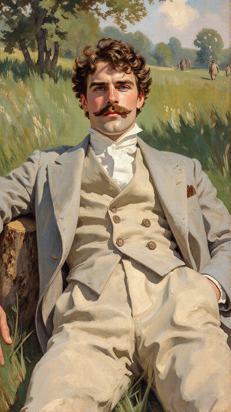 A young man with curly brown hair and a thick mustache wearing a light-colored double-breasted jacket and beige pants loun...