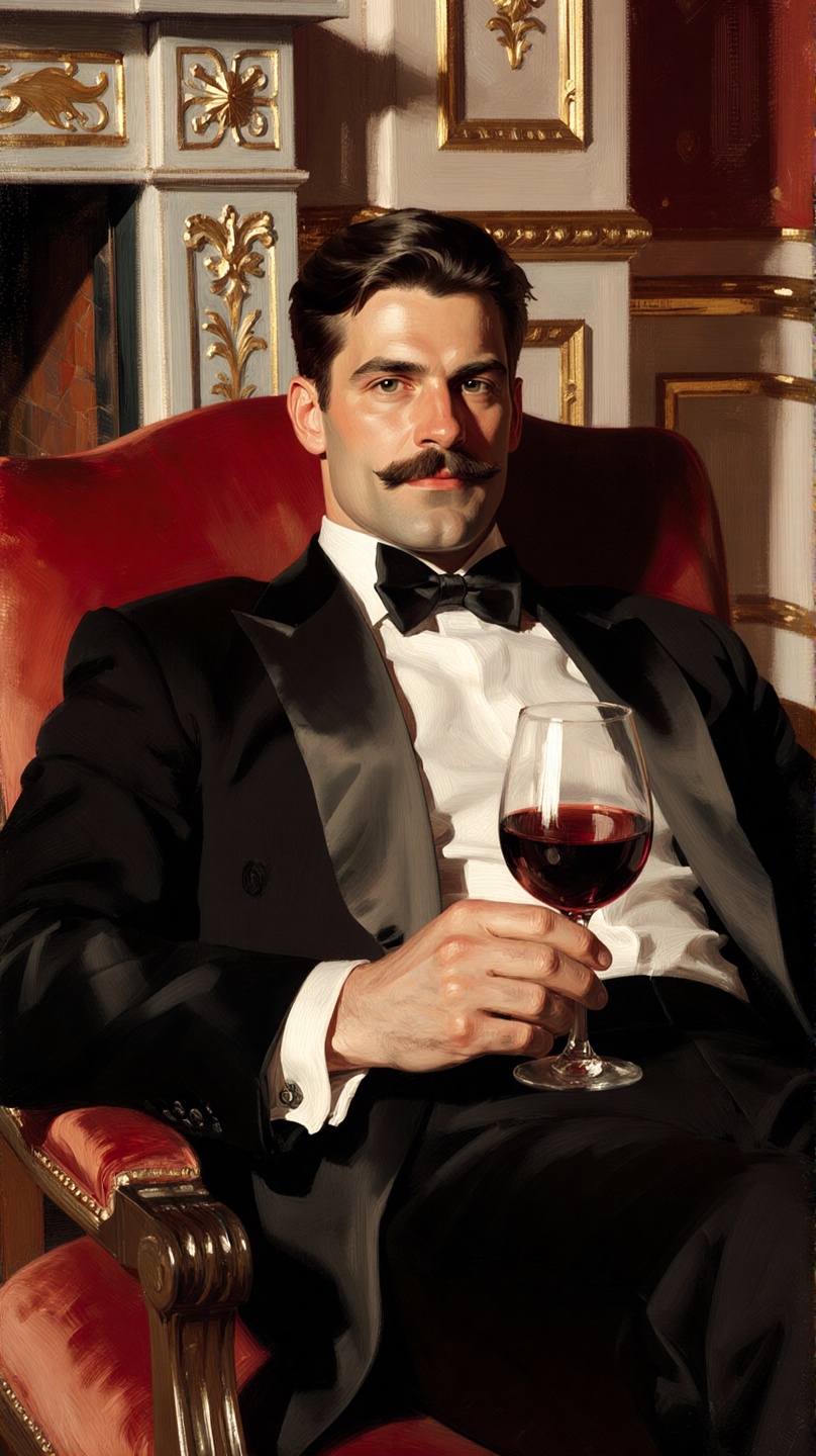 A man lounges on a plush red chair dressed in a black suit with a white dress shirt holding a glass of red wine. He has a...