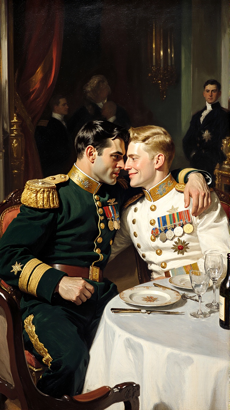 2 boys. A detailed oil painting of two military officers in a dimly lit room seated closely at a table. One officer with d...