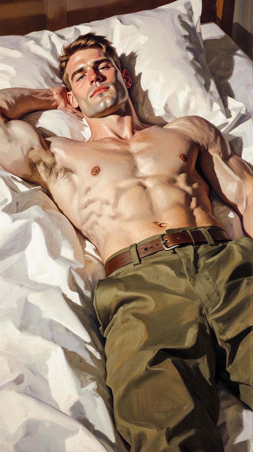 A realistic oil painting of a muscular shirtless man with short brown hair lying on his back on a rumpled white sheet. He...
