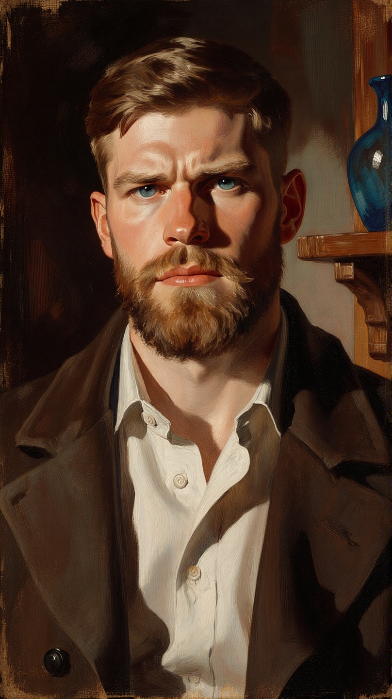 A detailed oil painting of a handsome young man with short light brown hair and a well-groomed beard wearing a brown coat...