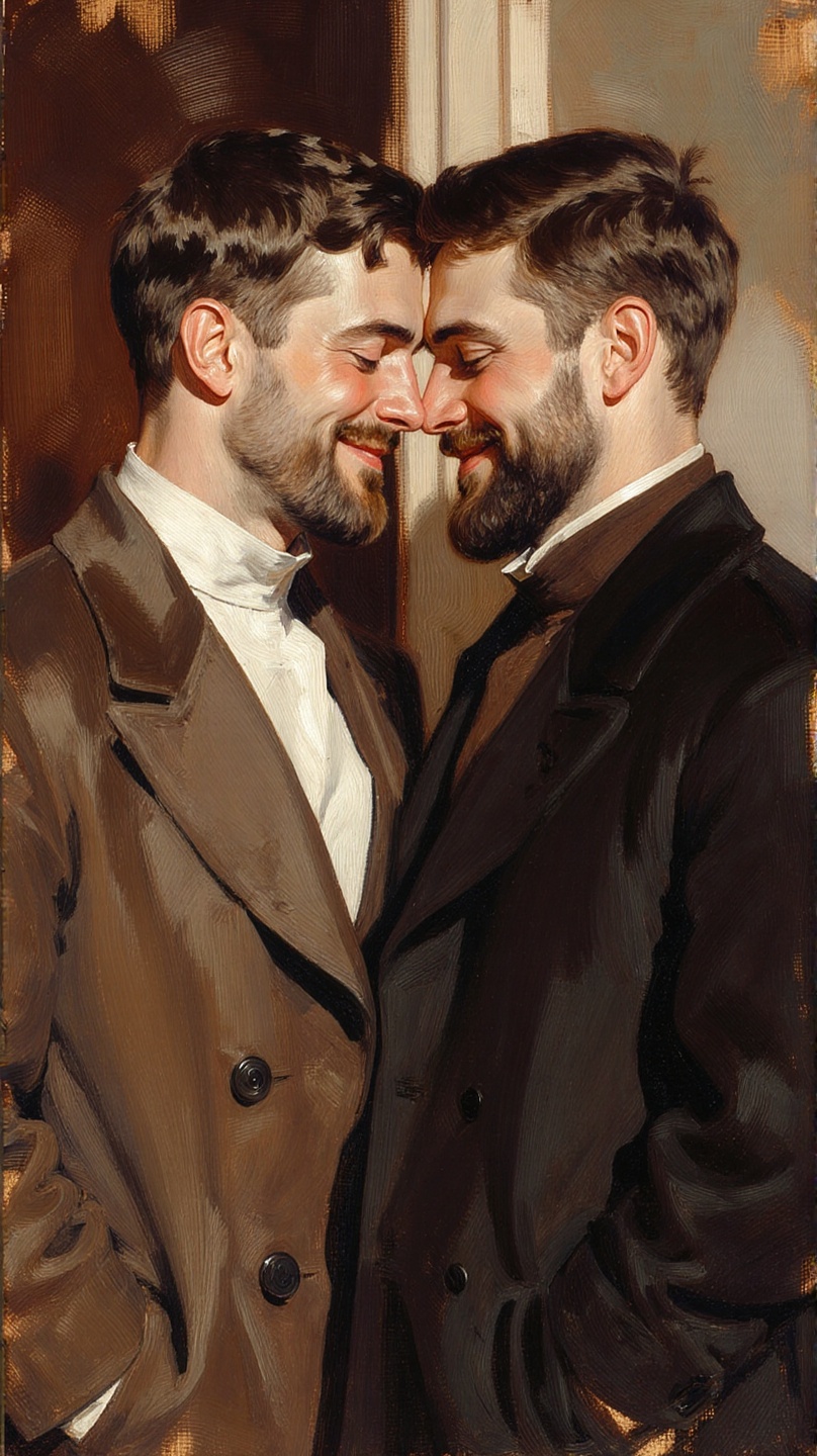 A detailed oil painting of two young men standing close together facing each other with their noses touching eyes closed s...