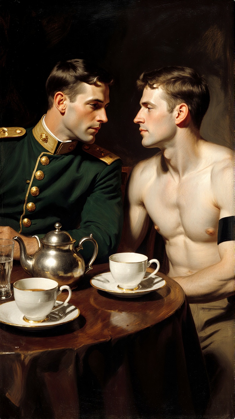 A realistic oil painting of two shirtless men sitting closely at a wooden table. One man is wearing a green military unifo...
