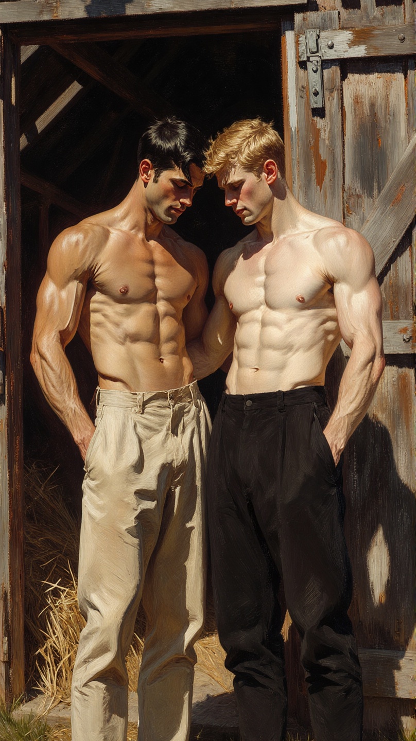 Two muscular men in a rustic weathered wooden barn. Both shirtless one with dark hair and light skin the other with blonde...