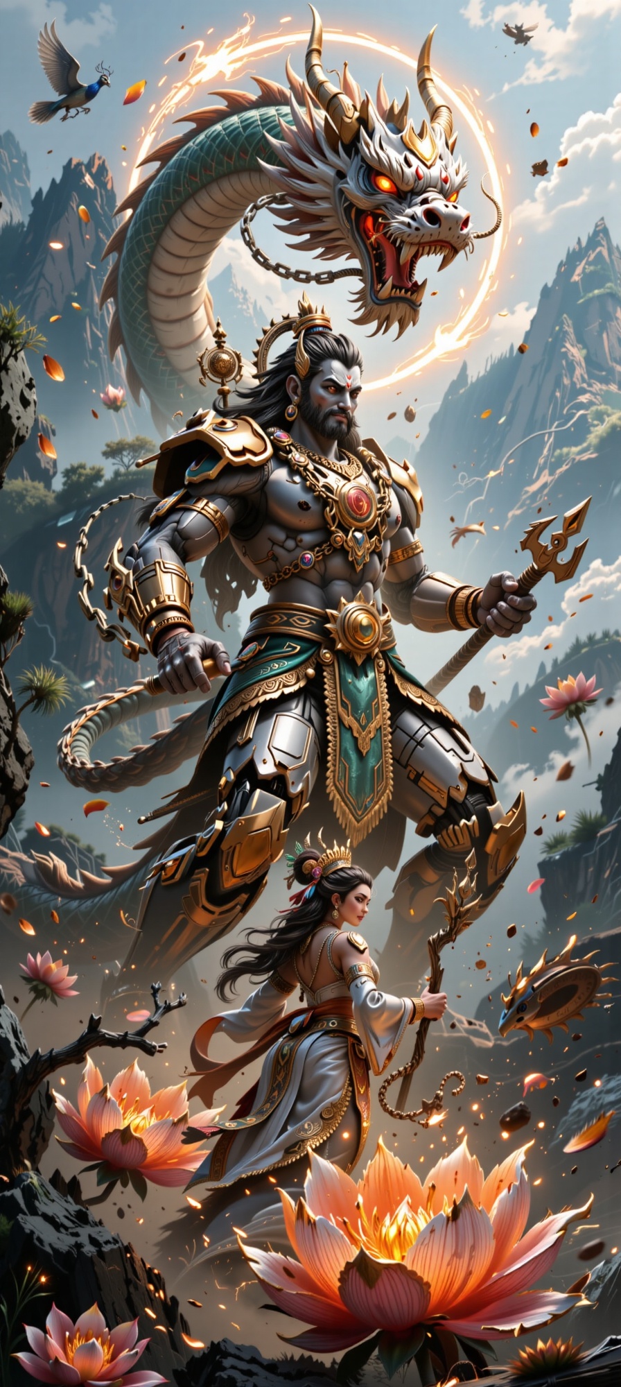 A Great krishna sat calmly on a giant golden lotus flower that bloomed perfectly,  beside him standing Dewi Kwan Im Anggun...