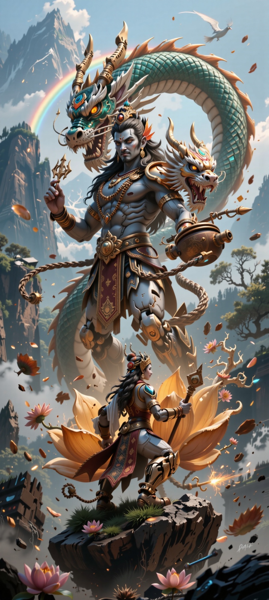 A Great blue krishna sat calmly on a giant golden lotus flower that bloomed perfectly,  beside him standing Dewi Kwan Im A...
