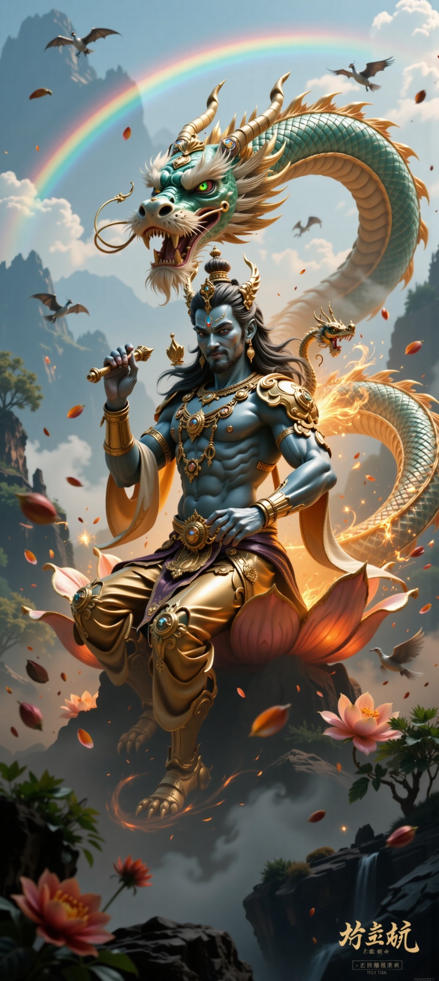 A Great blue krishna goddes sat calmly on a giant golden lotus flower that bloomed perfectly,  beside him standing Dewi Kw...