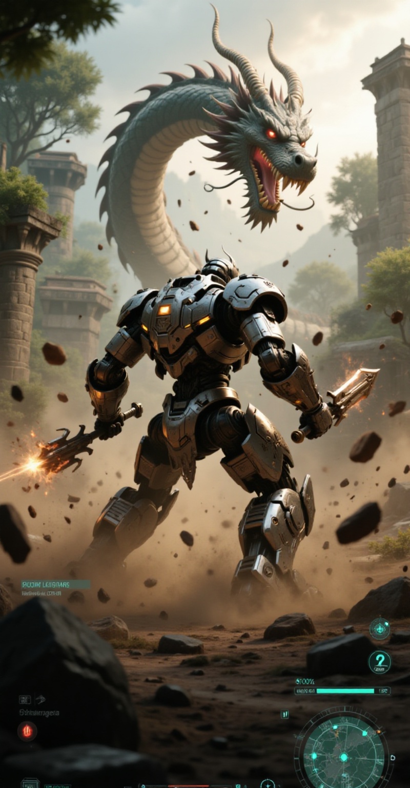 Ultra-realistic 3D cinematic render,  towering humanoid mecha as the main hunter,  engaging a colossal dragon among crumbl...