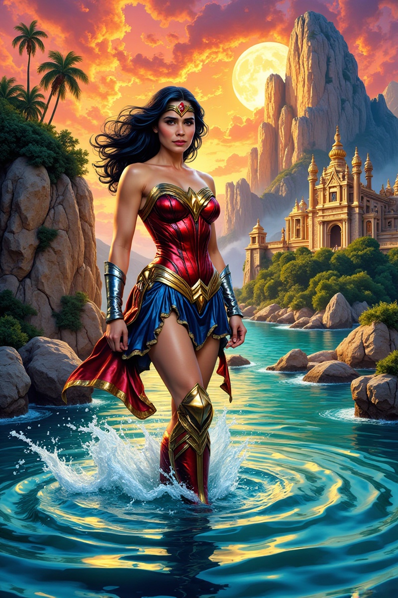 Color Ink Art Style of wonder woman,  the amazing amazon island with cliffs and a temple as background on Tensor.Art