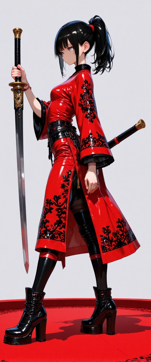 A 70mm lens captures aAn animated image of a woman in a red dress with a sword in her right hand. The woman is standing on...