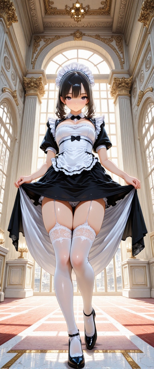 The image depicts a character standing in a large,  ornate room with tall windows that allow natural light to flood the sp...