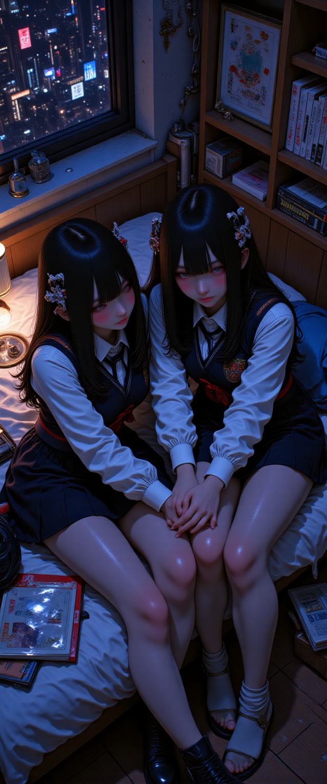 Create a stunning 4K and 8K image of two girls,  each with long black hair adorned with hair ornaments,  dressed in school...