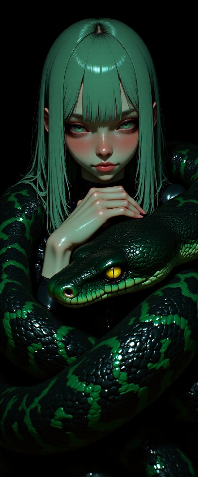 A digital illustration features a striking anime-style woman with pale skin,  large green eyes,  and long on Tensor.Art