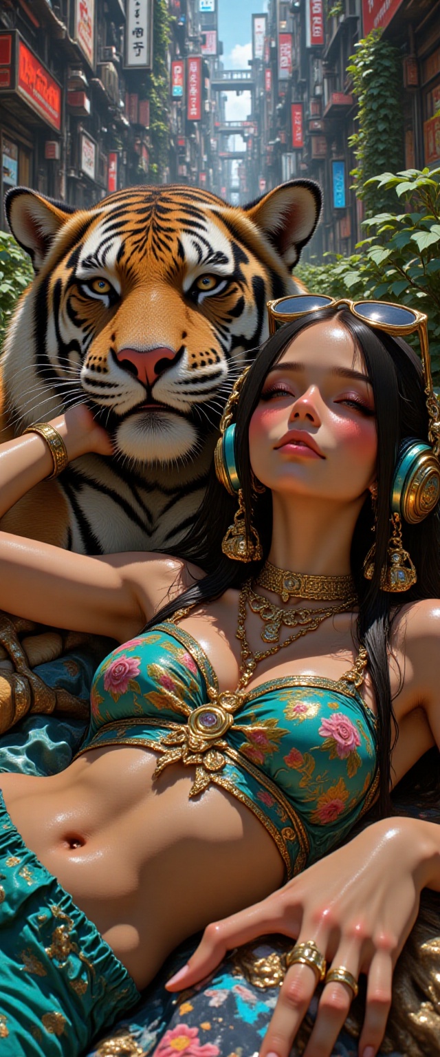 A modernized version of the enchanting princess Jasmine,  reclining with an air of laid-back confidence beside a majestic...