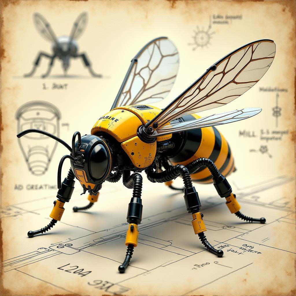 cinematic film still professional 3d model Prompt: "A detailed blueprint-style sketch of a futuristic robotic bee,  drawn...