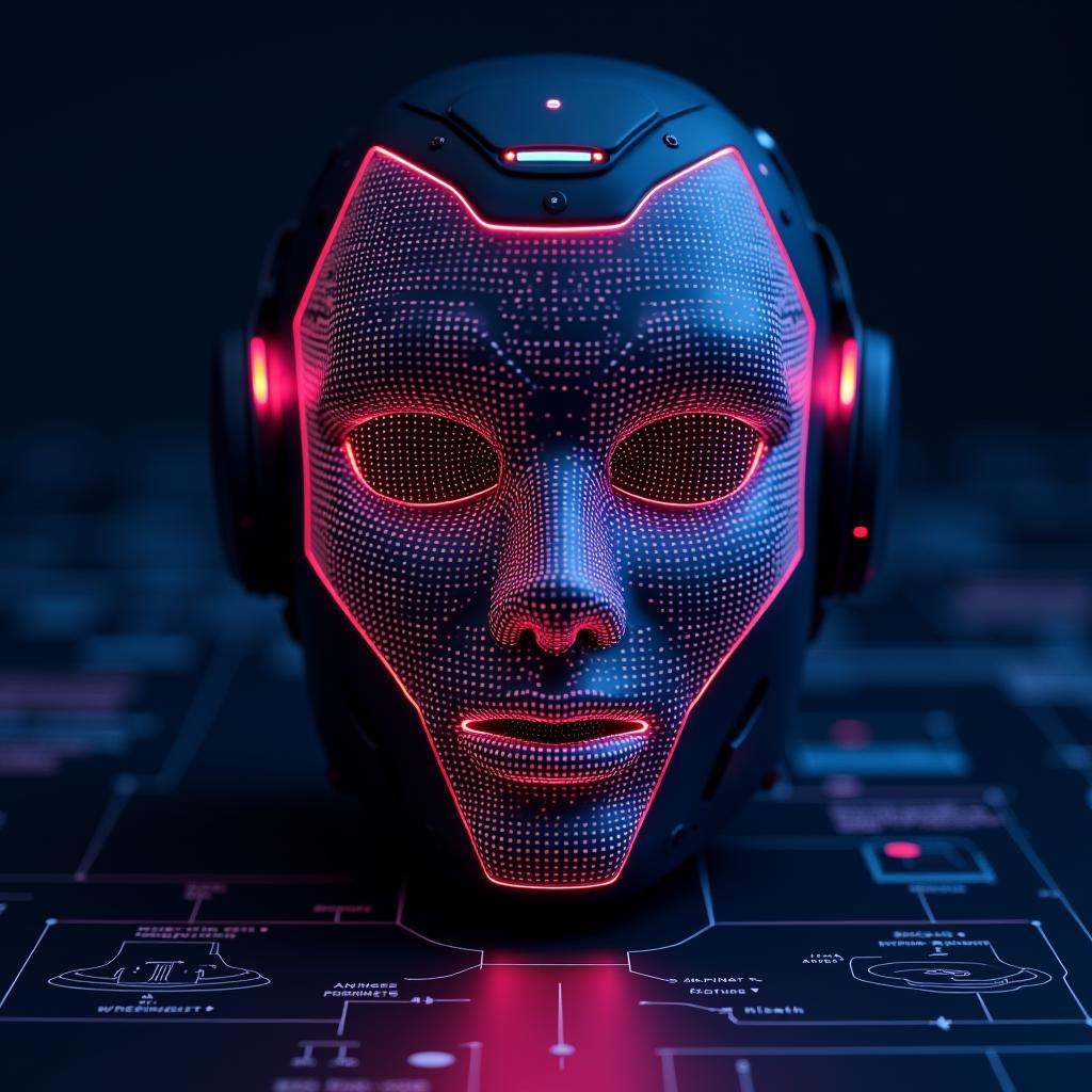 cinematic film still professional 3d model Prompt:"A futuristic LED mask with a sleek,  angular design,  covered in a grid...