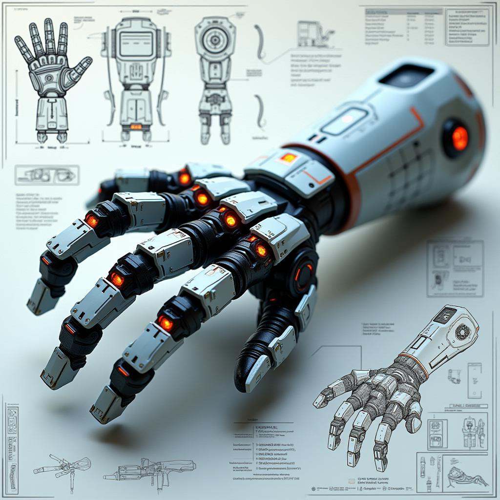 cinematic film still professional 3d model Prompt:"A detailed blueprint-style sketch of a futuristic robotic hand designed...