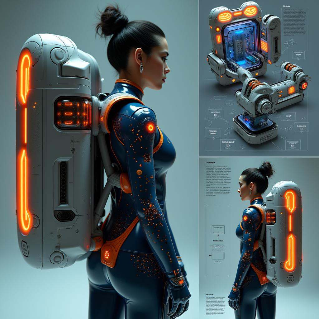 cinematic film still professional 3d model Prompt:""A futuristic woman wearing a robotic utility backpack adorned with a s...