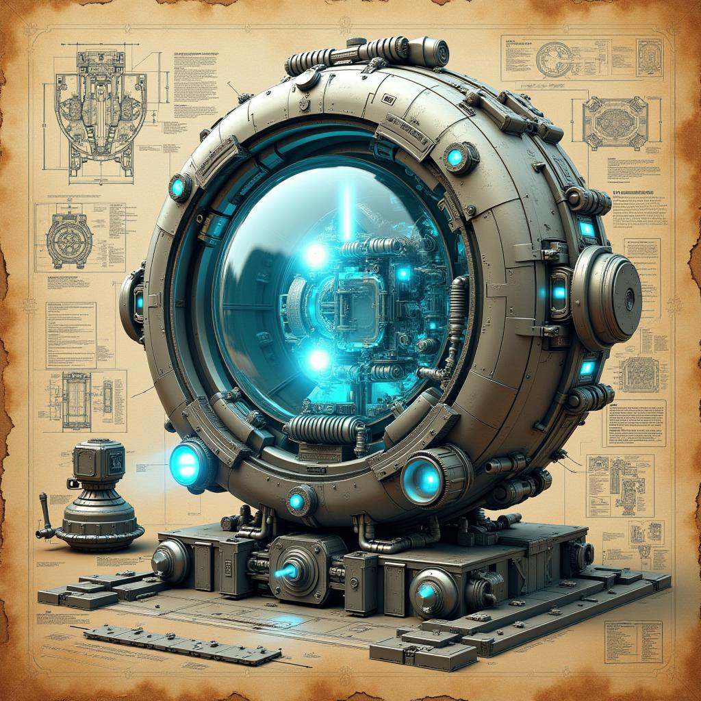 cinematic film still professional 3d model Prompt: "A detailed blueprint-style sketch of a futuristic nuclear reactor,  dr...
