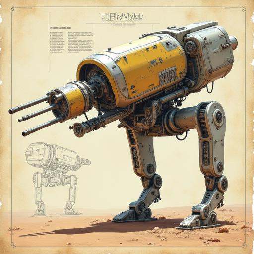 "A robot emerging from a detailed blueprint sketch on aged paper,  transitioning into a 3D design with intricate mechanica...