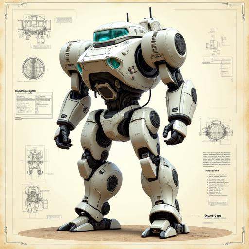 "A futuristic mech suit rising from hand-drawn blueprints on vintage paper,  blending sketch lines with polished 3D render...