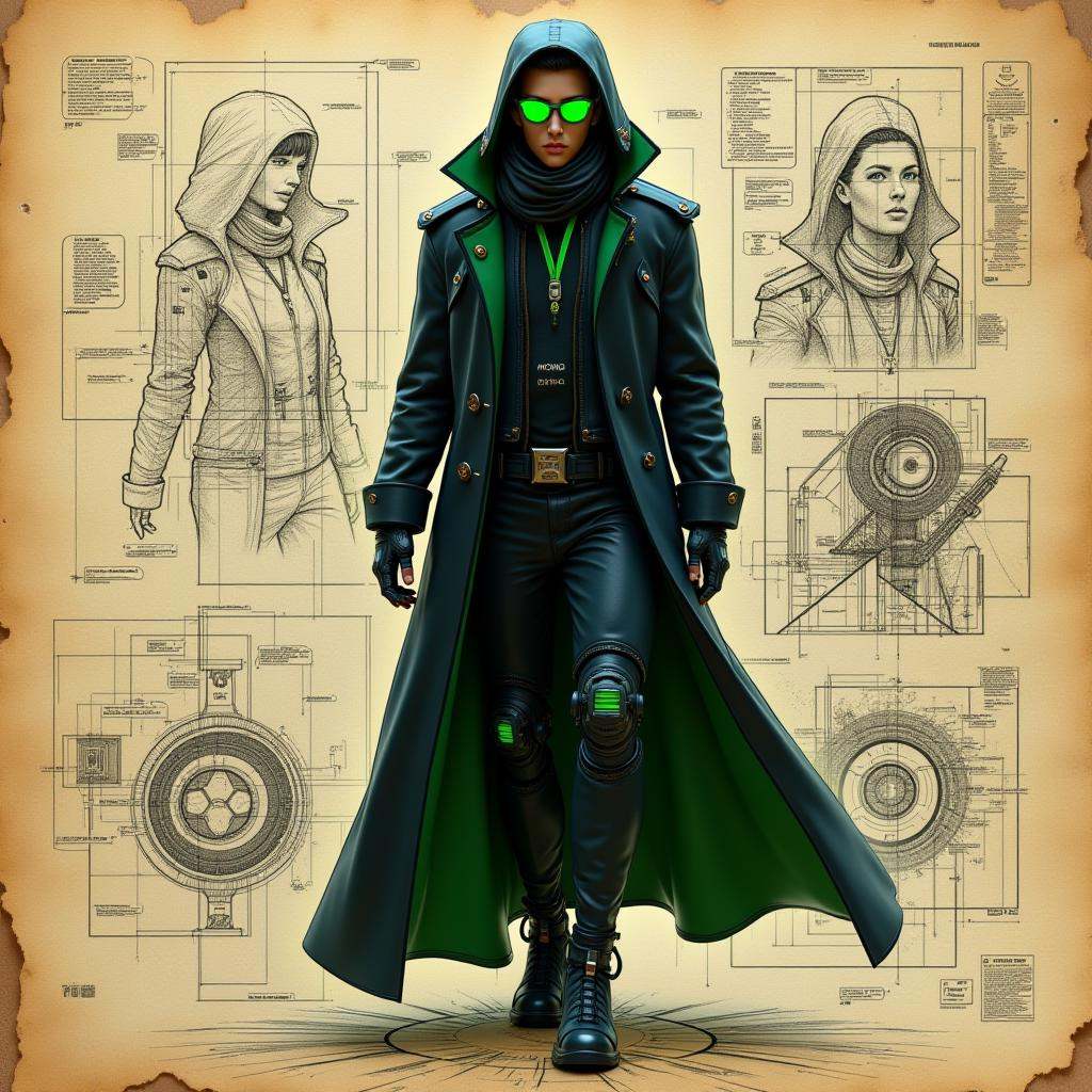 cinematic film still professional 3d model Prompt: "A detailed blueprint-style sketch of a futuristic cyberpunk figure,  d...
