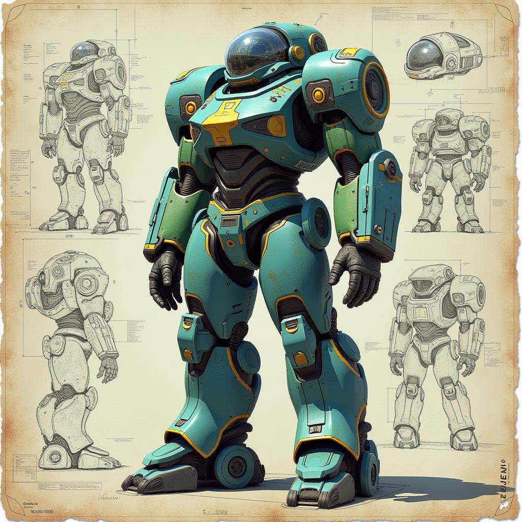 cinematic film still professional 3d model Prompt: "A detailed blueprint-style sketch of a futuristic robot or mech suit,...