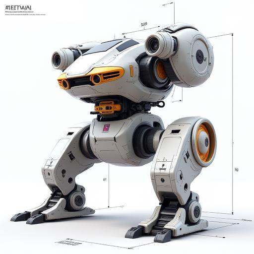"A conceptual robot design transitioning from a technical sketch on paper into a fully rendered 3D form with mechanical pr...