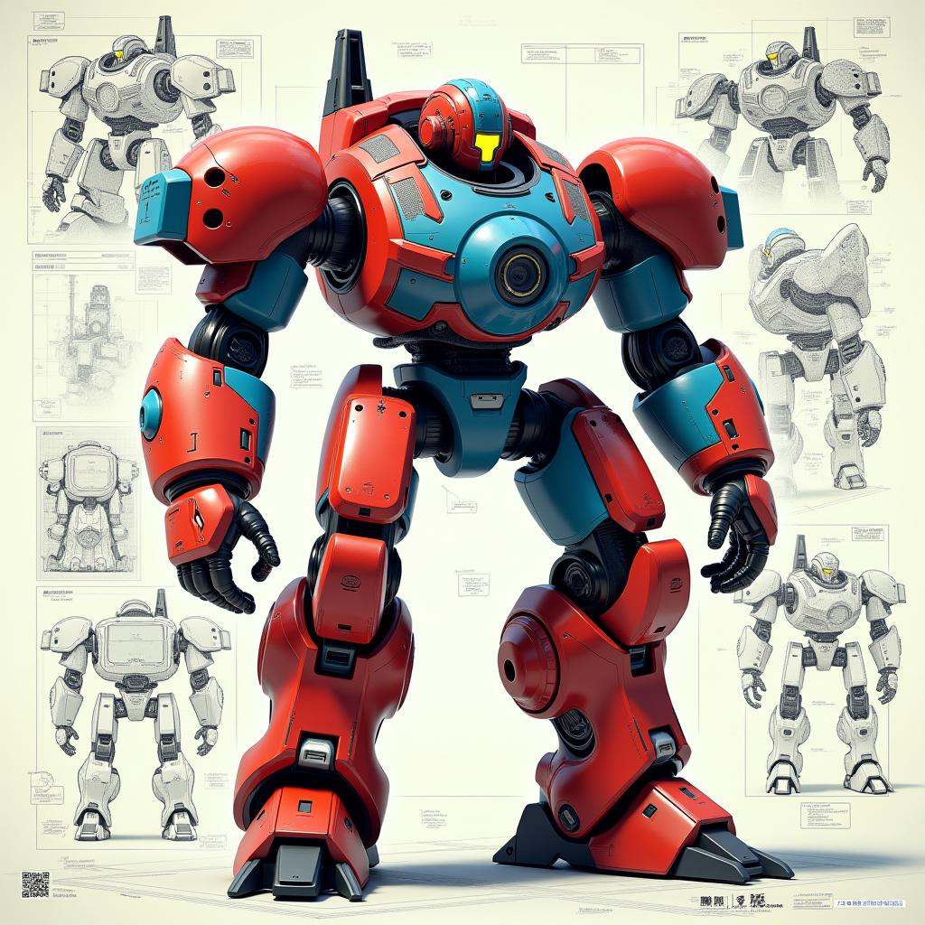 cinematic film still professional 3d model Prompt:"A detailed blueprint-style sketch of a large futuristic robot,  featuri...