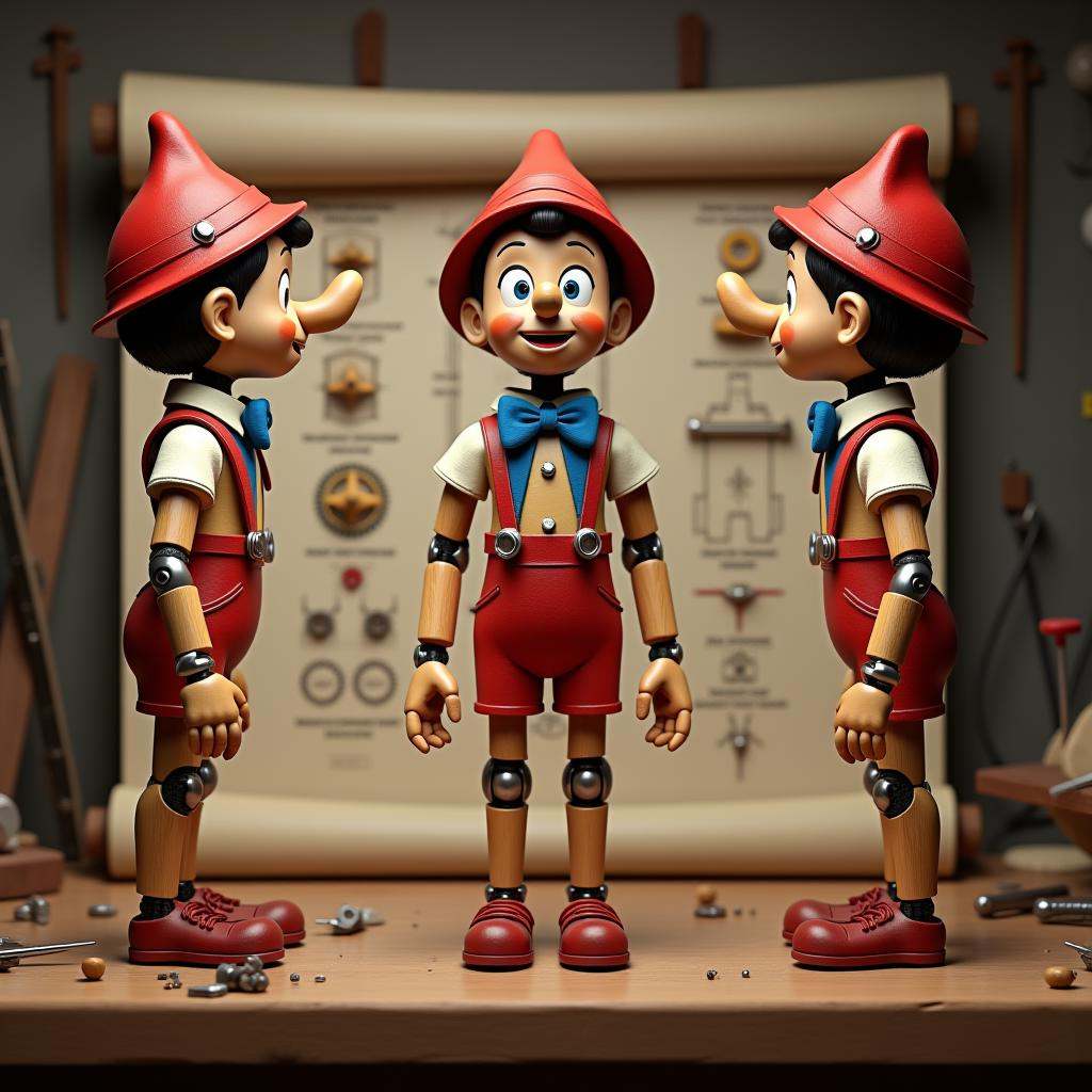 cinematic film still professional 3d model Prompt:."A highly detailed illustration of Pinocchio presented in three angles:...